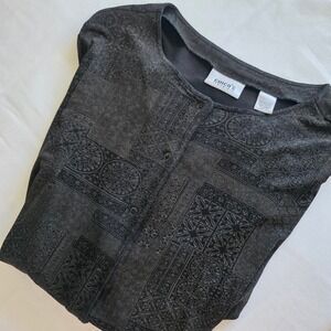 Chico's Travelers Cardigan Womens 2 Large Gray Black Medallion Snap Front Top EX
